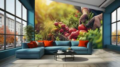 agriculture organic agronomist genetic nature gardener plant fresh vegetables harvest nutrition gardener is going to harvest organic agriculture nature fresh vegetables put on basket. Creative Banner Wall mural