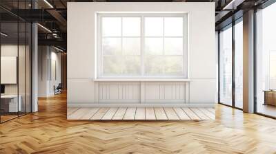 Aluminum window with half raised shutter in an empty room with wooden floorboards and plain white walls Wall mural