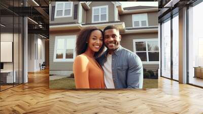 An ethnically diverse couple proudly poses in front of their new home holding house keys Wall mural