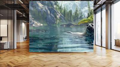 An inquisitive harbor seal is swimming in a lake with a beautiful view of nature with ample copy space in the image Wall mural