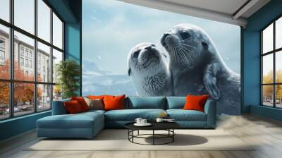 Antarctic fur seal and its baby sharing a kiss Copy space image Place for adding text or design Wall mural