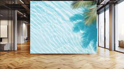 Aqua waves and coconut palm shadow on blue background. Water pool texture top view.Tropical summer mockup design. Luxury travel holiday. 3d render Wall mural