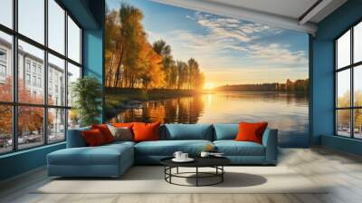 Autumn river landscape in Belarus or European part of Russia at sunset with sun shining over blue water at sunrise Nature on a sunny morning with woods and orange foliage o Wall mural