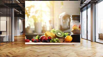 Background Image Of Chrome Blender On Kitchen Counter With Fruits, Copy Space ultrarealistic photo. Wall mural