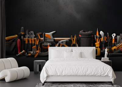 Banner with construction tools on black background for home improvement purposes Wall mural