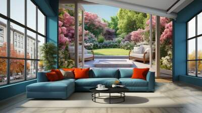 beautiful garden and patio in summer seen from stylish designer room through bifold doors. Wall mural