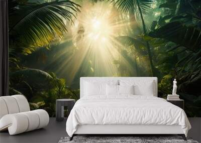 Beautiful magical palm, fabulous trees. Palm Forest jungle landscape, sun rays illuminate the leaves and branches of trees. Magical summer. 3d illustration Wall mural