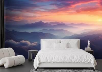 Beautiful sunset The mountains are covered with clouds. Creative banner. Copyspace image Wall mural