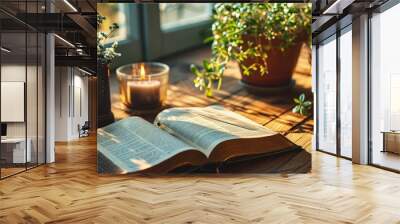 Bible reading and hands with book and religion study at home for worship and spiritual support Faith christian knowledge and person with gratitude scripture education and god guidance in a hous Wall mural