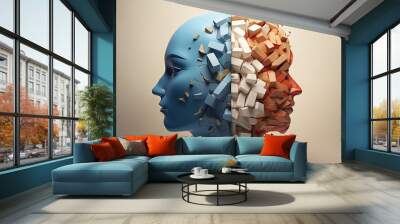 Bipolar mental health and brain disorder concept as a human head in paper divided in two colors as a neurological mood and emotion symbol or medical psychological metaphor in a 3D illustration style. Wall mural