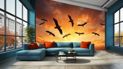 Birds in the sky flying in formation. silhouette concept Wall mural