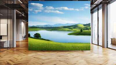 blue lake on a background of green hills. Creative banner. Copyspace image Wall mural