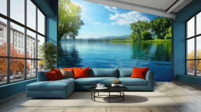 Blue river with a reflective water surface creating a peaceful scenery, suitable for copy space image. Wall mural