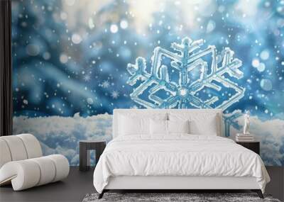 Blue winter theme with a large snowflake over a snowy forest setting, ideal for winter and New Year's designs, featuring ample copy space image. Wall mural