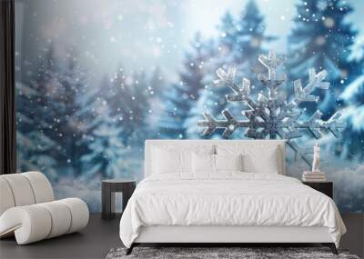 Blue winter theme with a large snowflake over a snowy forest setting, ideal for winter and New Year's designs, featuring ample copy space image. Wall mural