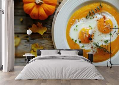 Blurry fried eggs with pumpkin soup on a white plate set on a dining table with a food background and copy space image representing a healthy American breakfast concept Wall mural