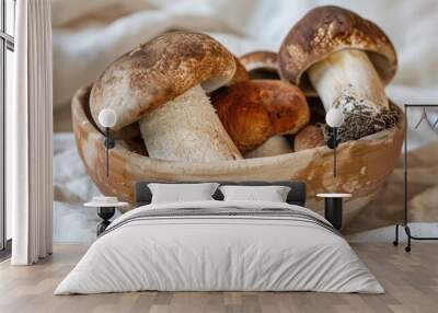 Boletus mushrooms in a bowl on a white background Lithuanian forest s dried organic food in a ceramic container Detailed focus with a blurred background incorporates copy space image Wall mural