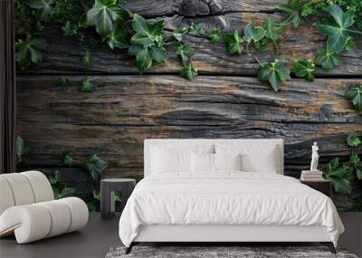 Botanical backdrop featuring wood moss and ivy leaves with copy space image Wall mural