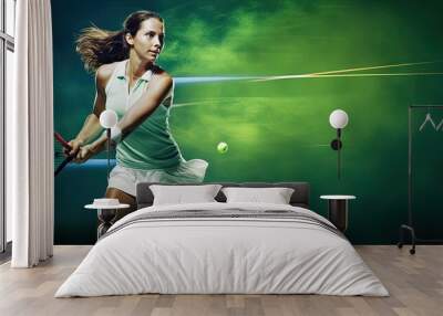 British tennis competition featuring a Caucasian woman playing tennis with new matches on a green background digital composite with racket copy space spor Wall mural