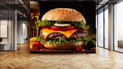 Burger and beer. A side view of a hamburger made with beef, cheese, onion, tomato, and green Wall mural