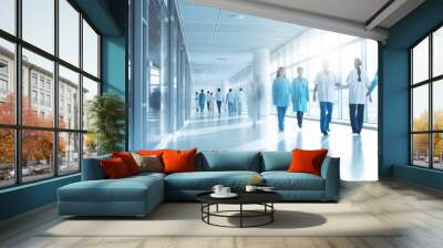 Busy hospital corridor with diverse doctors in motion suitable for medical and healthcare services Wall mural