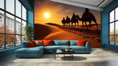 camel tours in Sahara desert guided by a berber with camel shadows. silhouette concept Wall mural