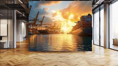 cargo container ship running to bridge cargo shipyard container ship under the crane sea port servic Wall mural