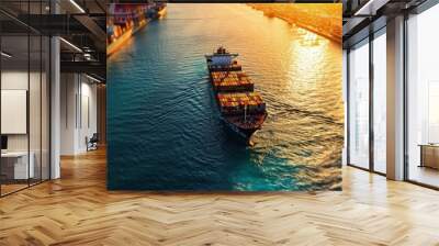 cargo container ship running to bridge cargo shipyard container ship under the crane sea port servic Wall mural