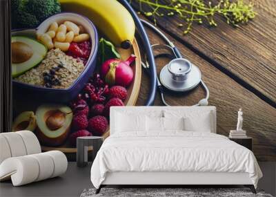 Cholesterol diet concept Healthy food in heart shaped dish with stethoscope. Creative Banner. Copyspace image Wall mural