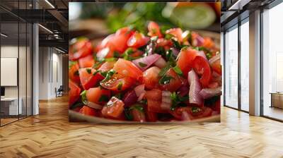 Chopped tomato salad with onion in a vinaigrette dressing presented in a refreshing vibrant dish for a copy space image Wall mural