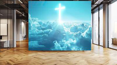 Christian symbol a glowing cross in the sky with copy space image Wall mural