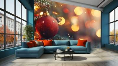 Christmas decorations including a red ball festive ornament and glowing light on a beautifully adorned Christmas tree with copy space image Wall mural