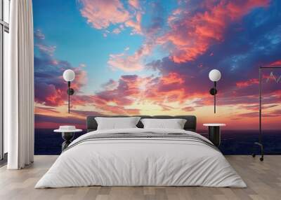 City with vibrant dramatic sunset sky Wall mural