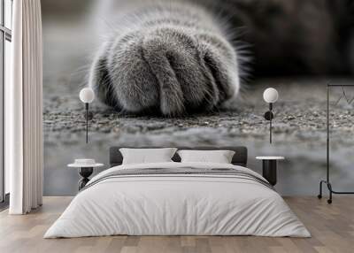 Close up image showing a gray cat s paw on a cement floor with copy space Wall mural