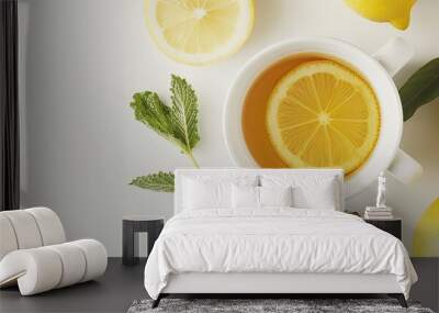 Close up of a warm lemon and honey drink with ginger and lemon placed next to it with a focus on prevention and treatment of flu and colds in a copy space image Wall mural