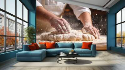 Close up of artisan baker sprinkling flour on fresh dough in rustic bakery kitchen Copy space image Place for adding text or design Wall mural