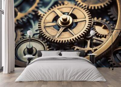 Close up of intricate worn gears in an antique mechanism perfect for a copy space image Wall mural