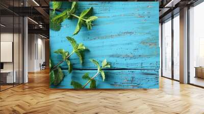 Close up view of vibrant wild mint leaves and branches on a blue wooden table background with copy space image Wall mural