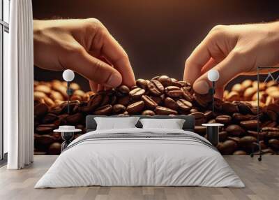 Coffee beans are transformed by people s skilled hands. Creative banner. Copyspace image Wall mural