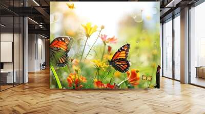 Colorful beautiful butterflies are floating on the light red and white flowers of green trees it looks very beautiful green nature around open sky shining sun around. Creative Banner. Copyspace image Wall mural