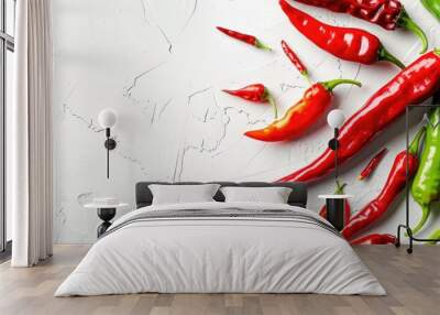 Colorful green and red chilies displayed on a white backdrop with copy space image Wall mural