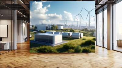 Concept of an energy storage system based on electrolysis of hydrogen in a clean environment with photovoltaics, wind farms and a city in the background. 3d rendering. Wall mural