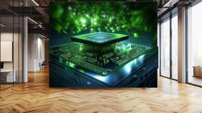 Concept of green technology. green world icon on circuit board technology innovations. Environment Green Technology Computer Chip.Green Computing and Technology,CSR, and IT ethics Wall mural