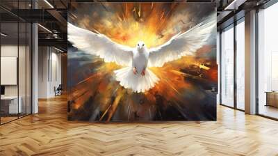 Conceptual graphic illustration of glowing Christian cross white doves, symbolizing Jesus Christ's sacrificial work of salvation. Digital artwork composed against abstract oil painted background. Wall mural