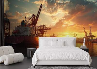 Container ship berthing port with crane un loading. Creative Banner. Copyspace image Wall mural