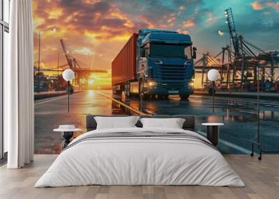 container truck in ship port for logistic and transport business. Creative Banner. Copyspace image Wall mural