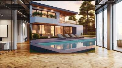 Contemporary two storey country home with pool and stunning garden Sunset ambiance Text space available Copy space image Place for adding text or design Wall mural