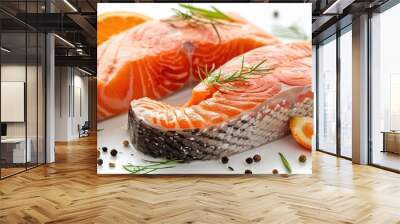 Cooked salmon steaks on white background with room for text pair with veggies and citrus for a nutritious meal. Creative banner. Copyspace image Wall mural