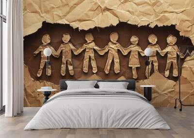 Creative team message on torn paper against cardboard backdrop symbolizing teamwork With copy space image Wall mural