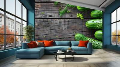 Crisp cucumbers garnished with dill on a verdant wooden backdrop with copy space image Wall mural